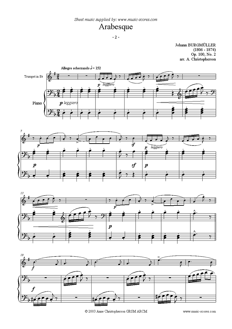 Front page of Op.100 No.02 Arabesque: Trumpet sheet music