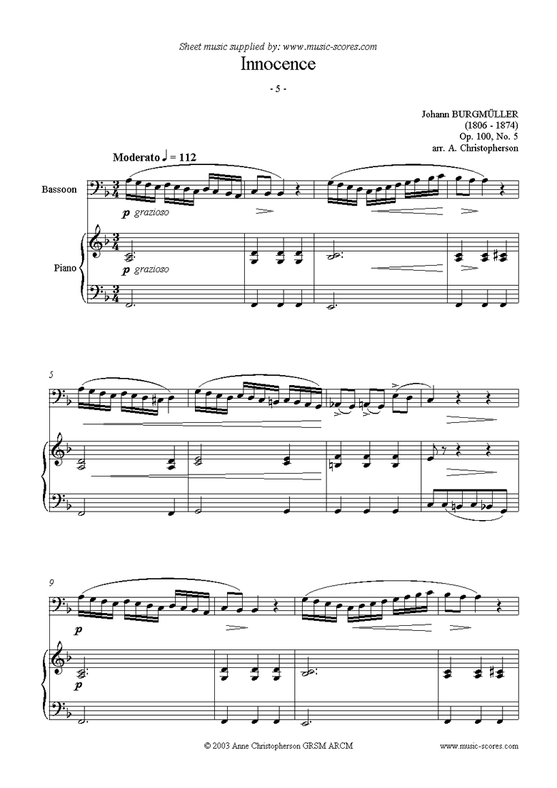 Front page of Op.100 No.05 Innocence: Bassoon sheet music