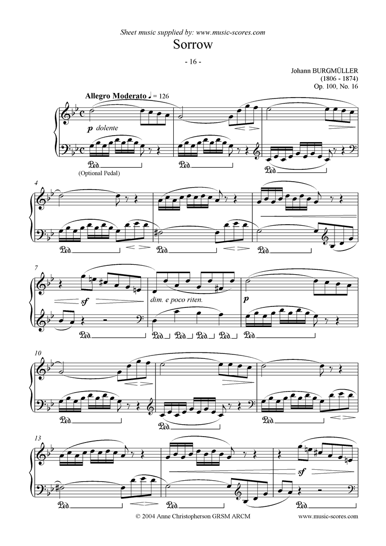 Front page of Op.100 No.16 Sorrow sheet music