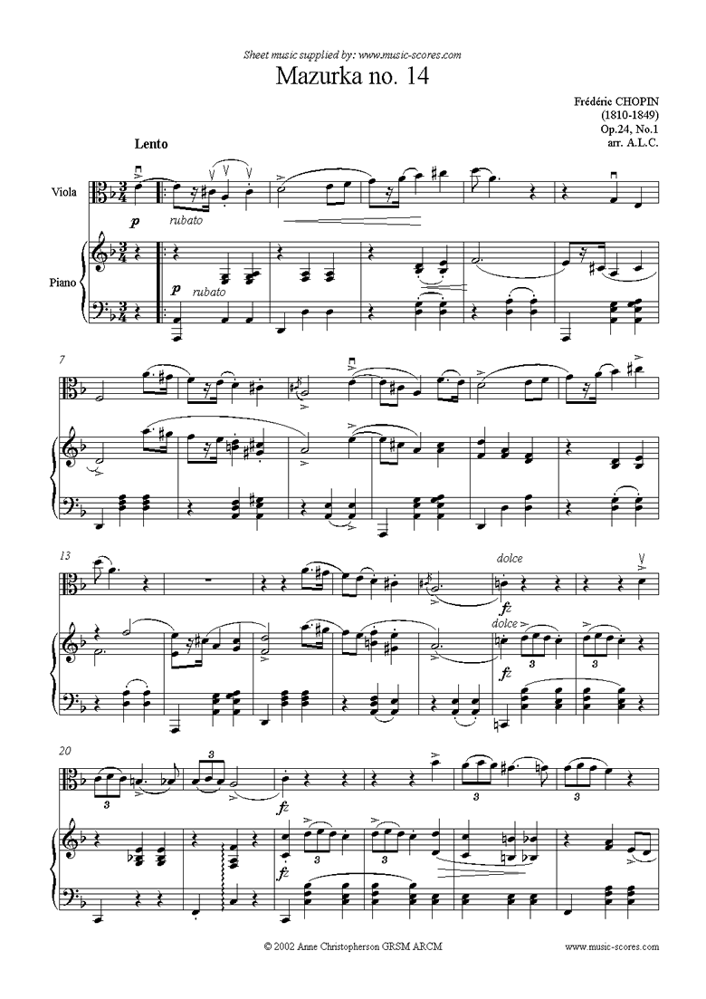 Front page of Op.24, No.01: Mazurka no.14 in G minor: viola sheet music
