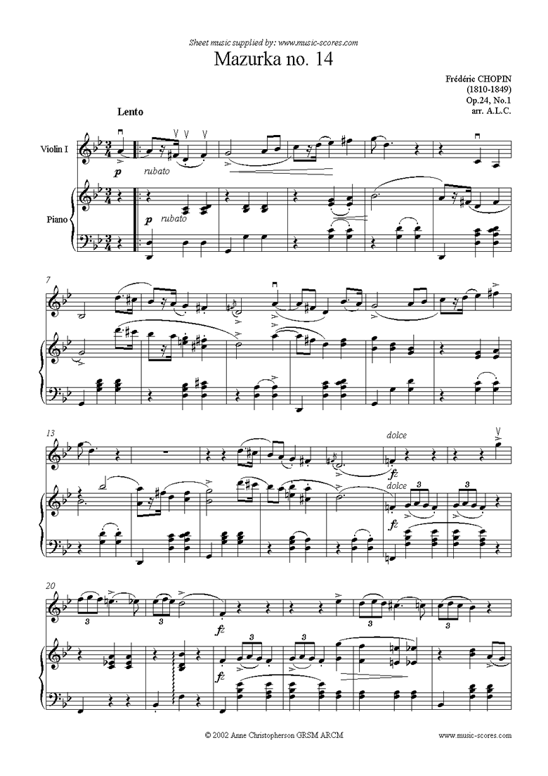 Front page of Op.24, No.01: Mazurka no.14 in G minor: violin sheet music