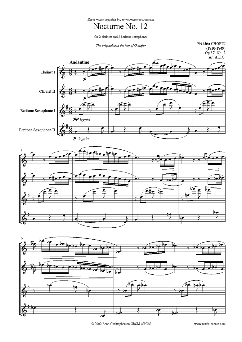 Front page of Op.37, No.02: Nocturne no.12: 2 clarinets 2 bsax sheet music