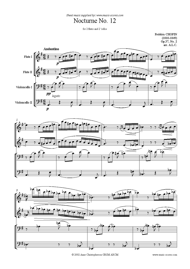 Front page of Op.37, No.02: Nocturne no.12: 2 flutes 2 cellos sheet music