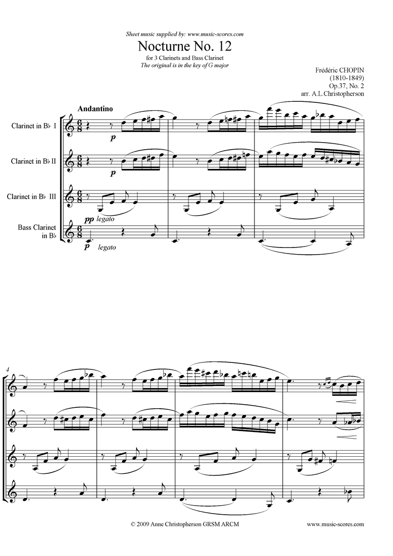 Front page of Op.37, No.02: Nocturne no.12: 3 clarinets, Bass cl sheet music