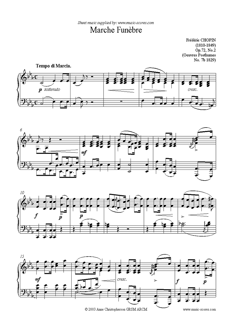 Front page of Op.72, No.02 posthumous: Marche Funebre sheet music