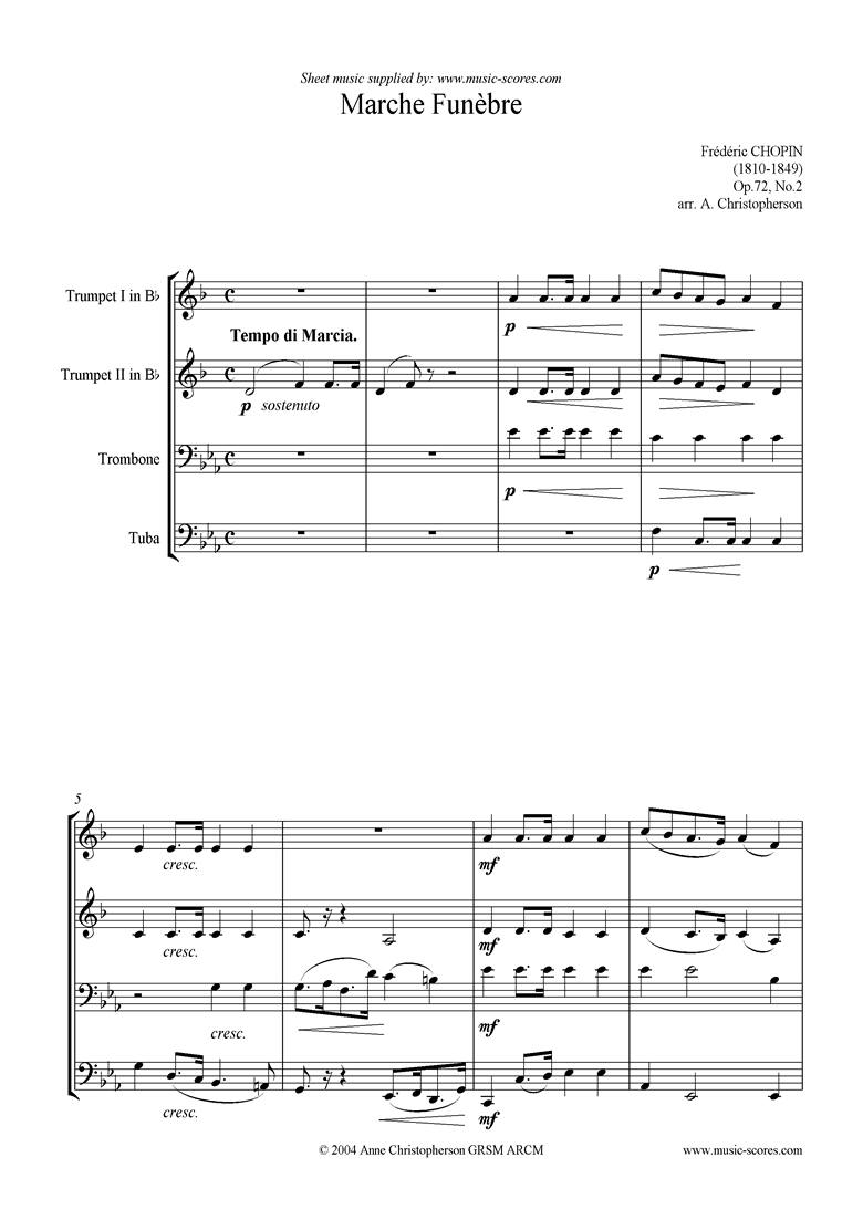 Front page of Op.72, No.02 posthumous: Marche Funebre brass 4 sheet music