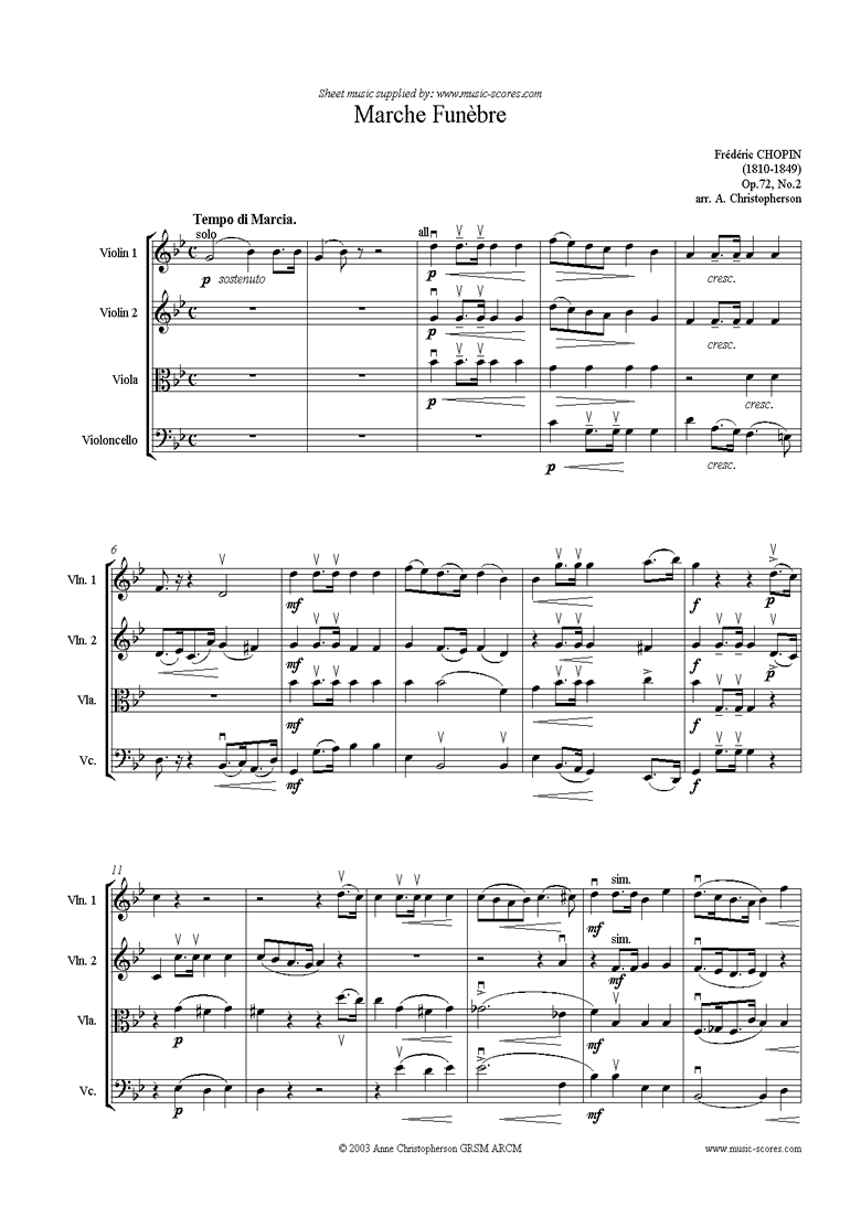 Front page of Op.72, No.02 posth: Marche Funebre 2vns va vc sheet music