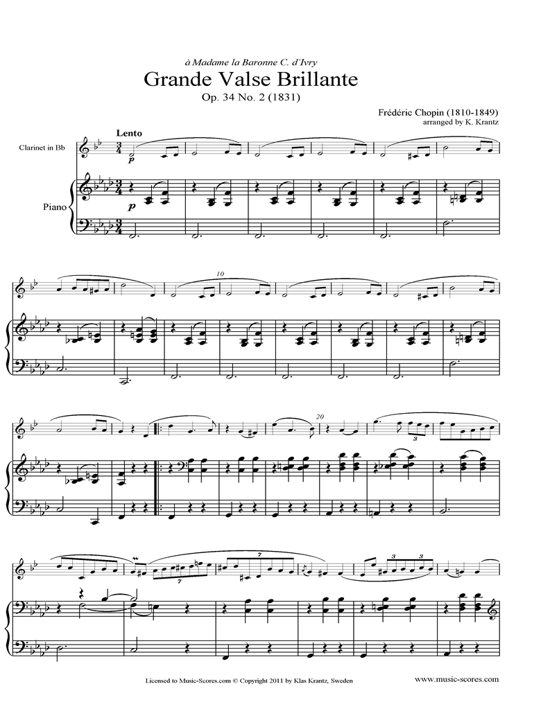 Front page of Op.34, No.02 Waltz: Clarinet, Piano sheet music
