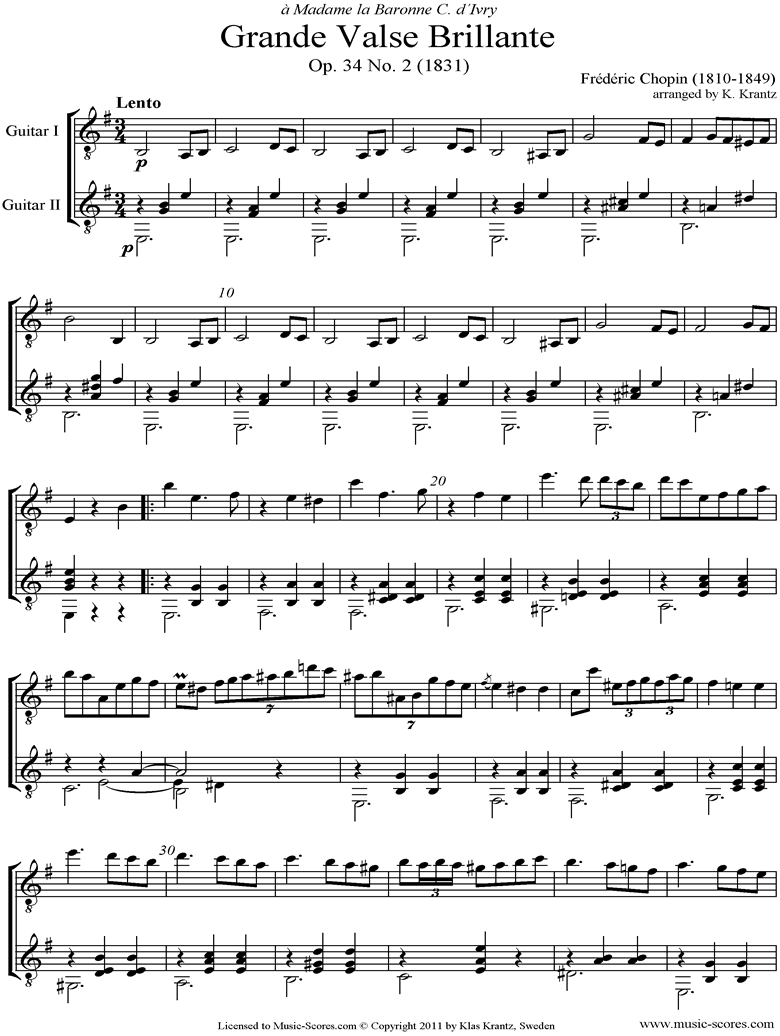 Front page of Op.34, No.02 Waltz: Guitar Duet sheet music