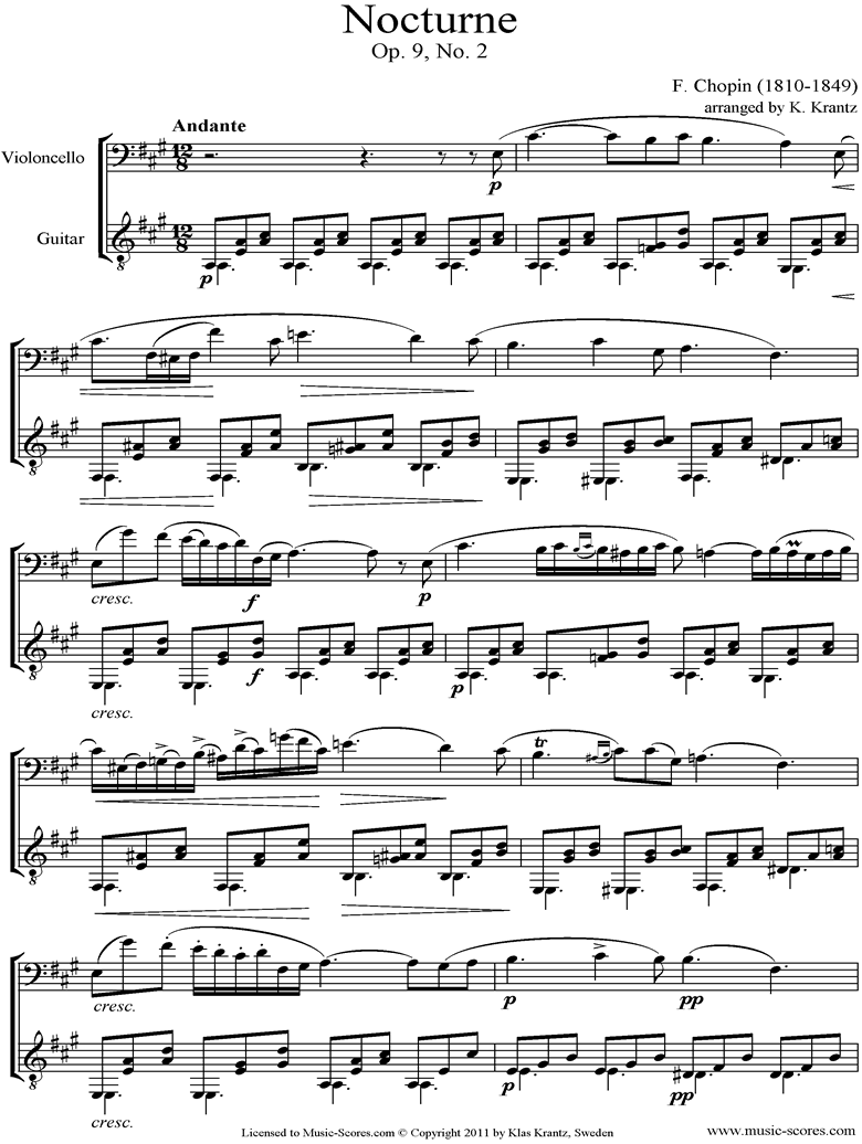 Front page of Op.09, No.02 Nocturne: Cello, Guitar sheet music