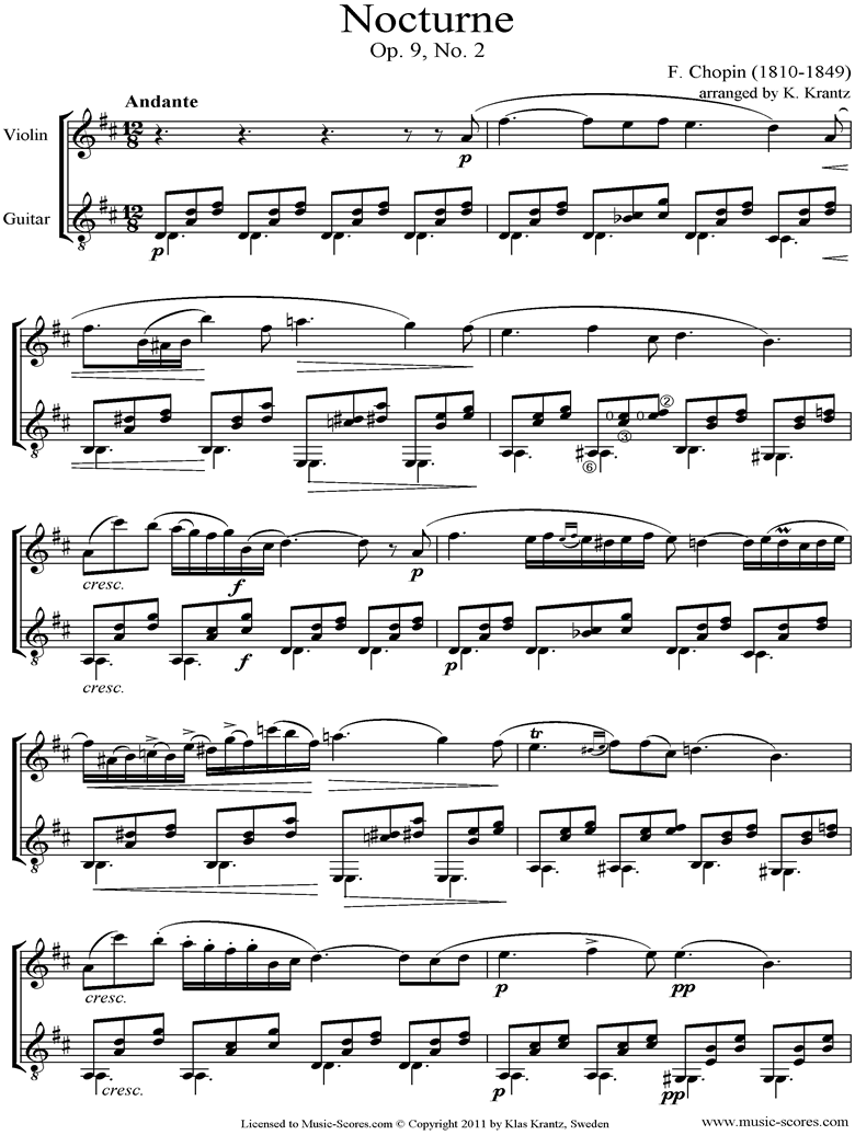Front page of Op.09, No.02 Nocturne: Violin, Guitar sheet music