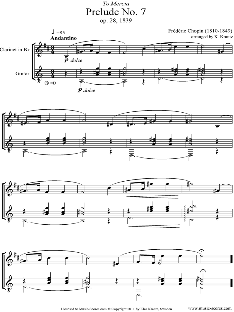 Front page of Op.28, No.07: Prelude no. 7 in A: Clarinet, Guitar sheet music