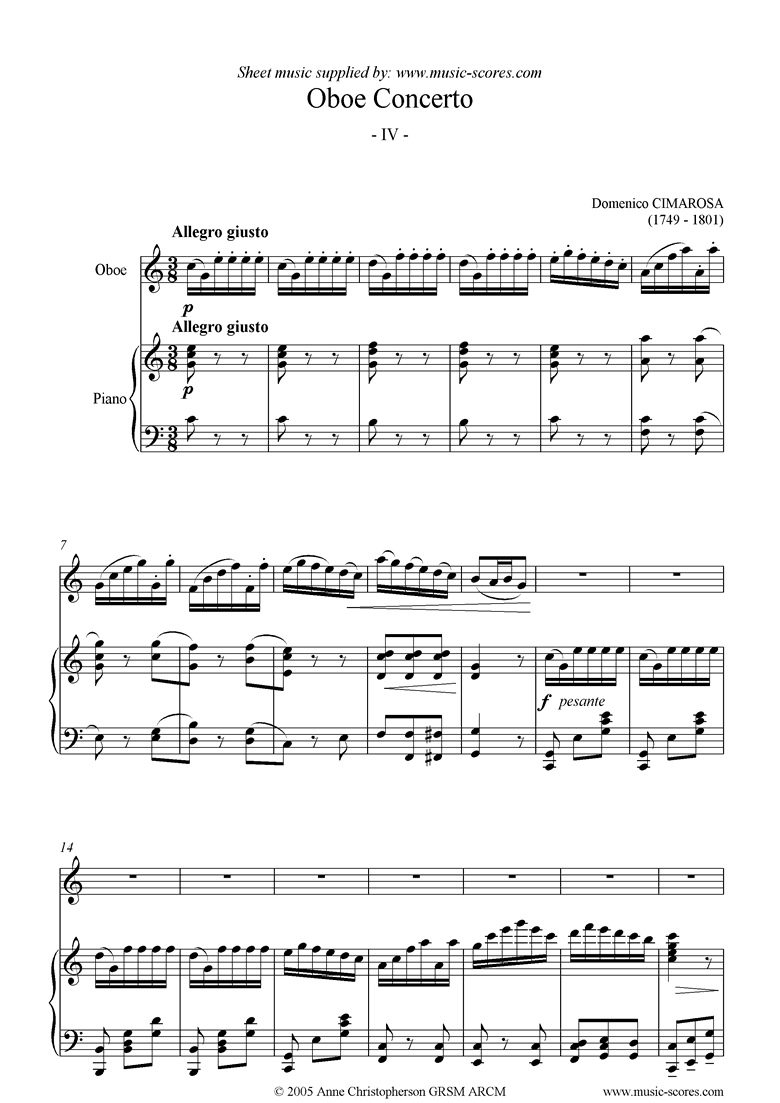 Front page of Oboe Concerto: 4th mvt: Allegro giusto: Oboe sheet music