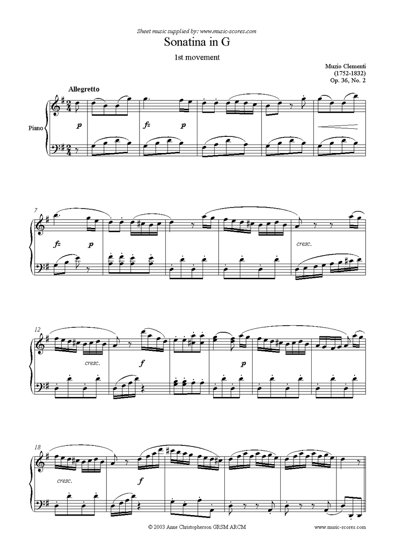 Front page of Op. 36, No. 2: Sonatina in G: 1st Movement sheet music