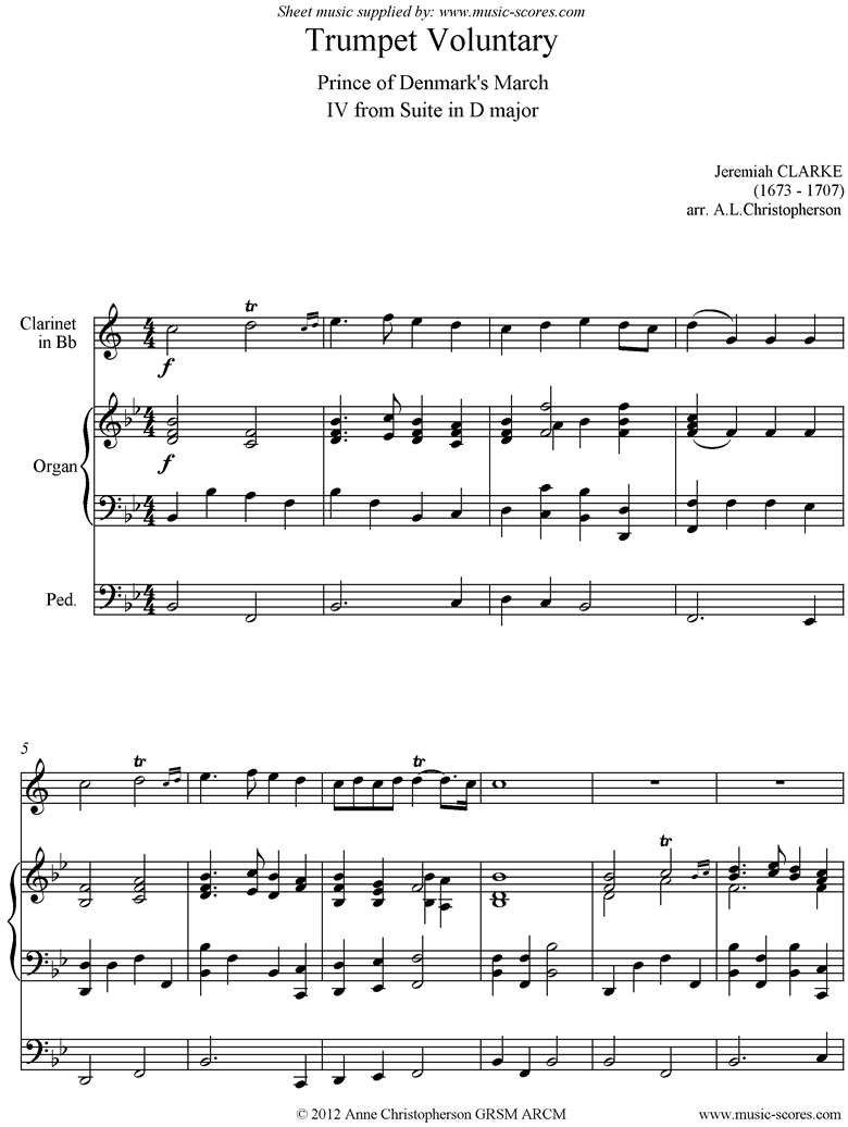 Front page of Suite in D: Trumpet Voluntary: Clarinet and Organ, Bb sheet music