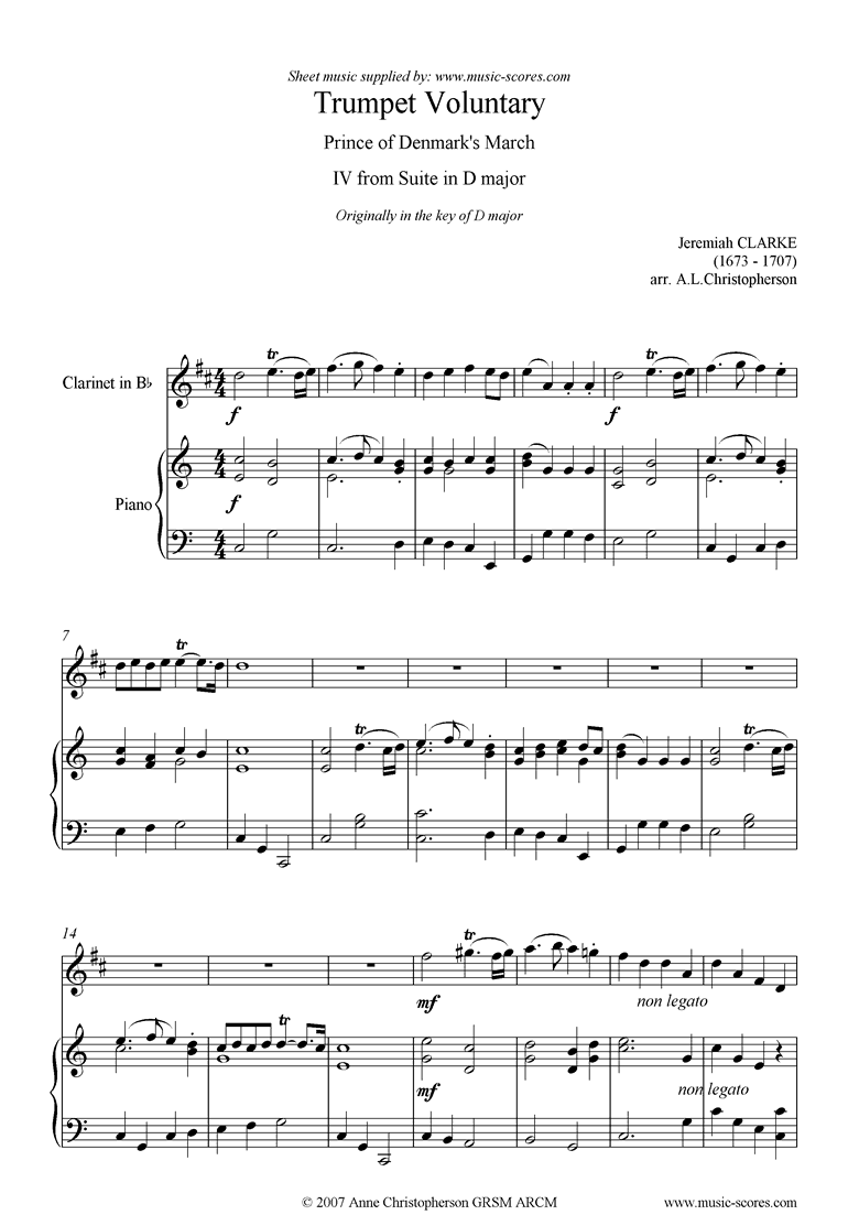 Suite in D: Trumpet Voluntary: Clarinet and Piano by Clarke