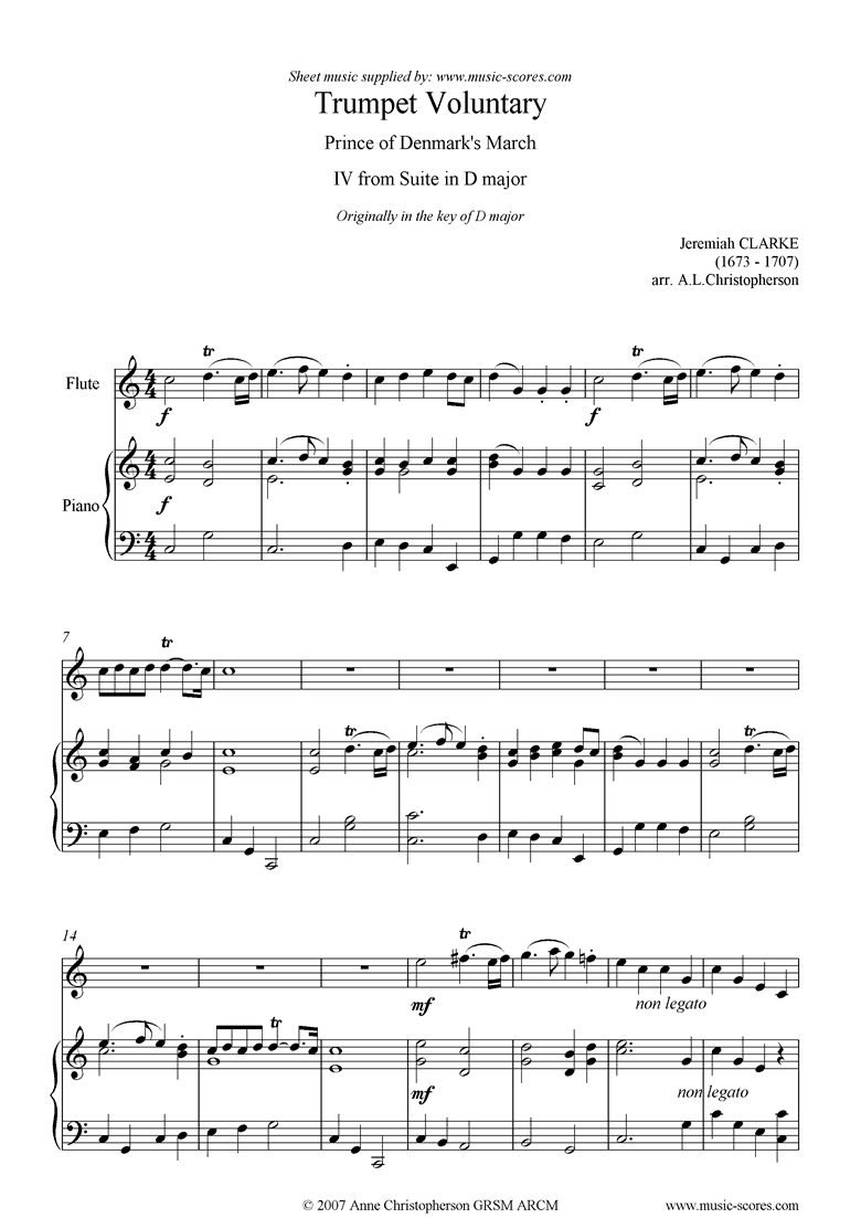 Front page of Suite in D: Trumpet Voluntary: Flute and Piano sheet music