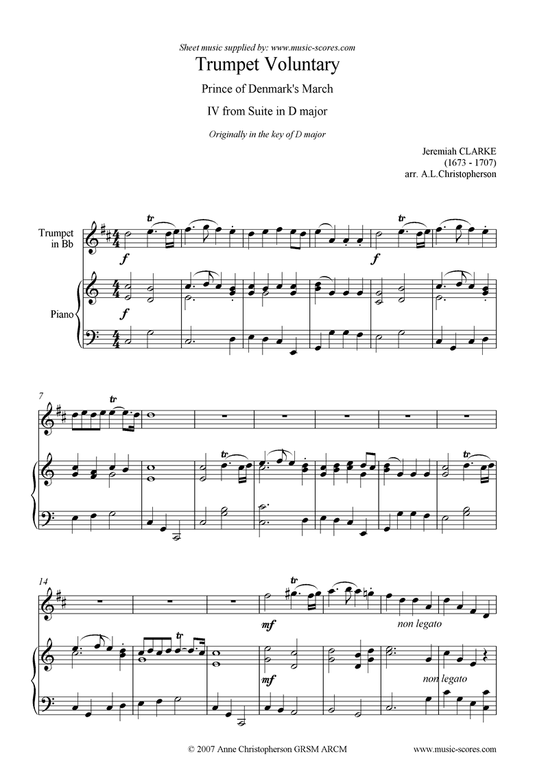 Front page of Suite in D: Trumpet Voluntary: Trumpet Piano mod sheet music