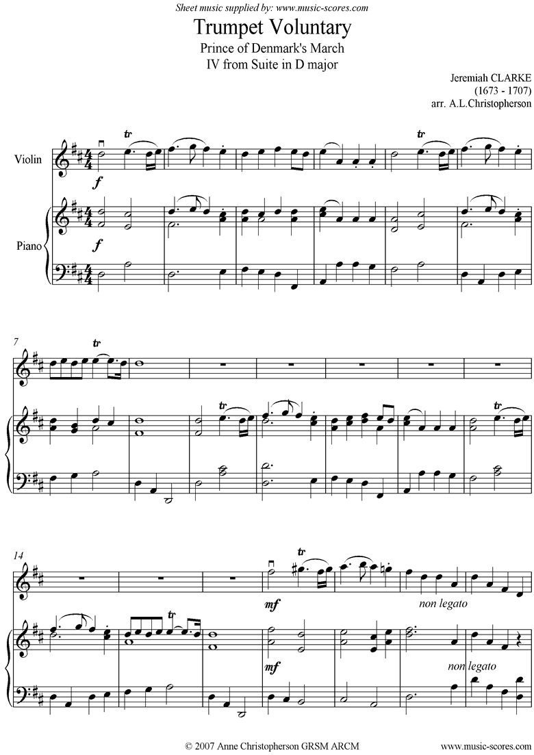 Front page of Suite in D: Trumpet Voluntary: Violin, Piano: Dma sheet music