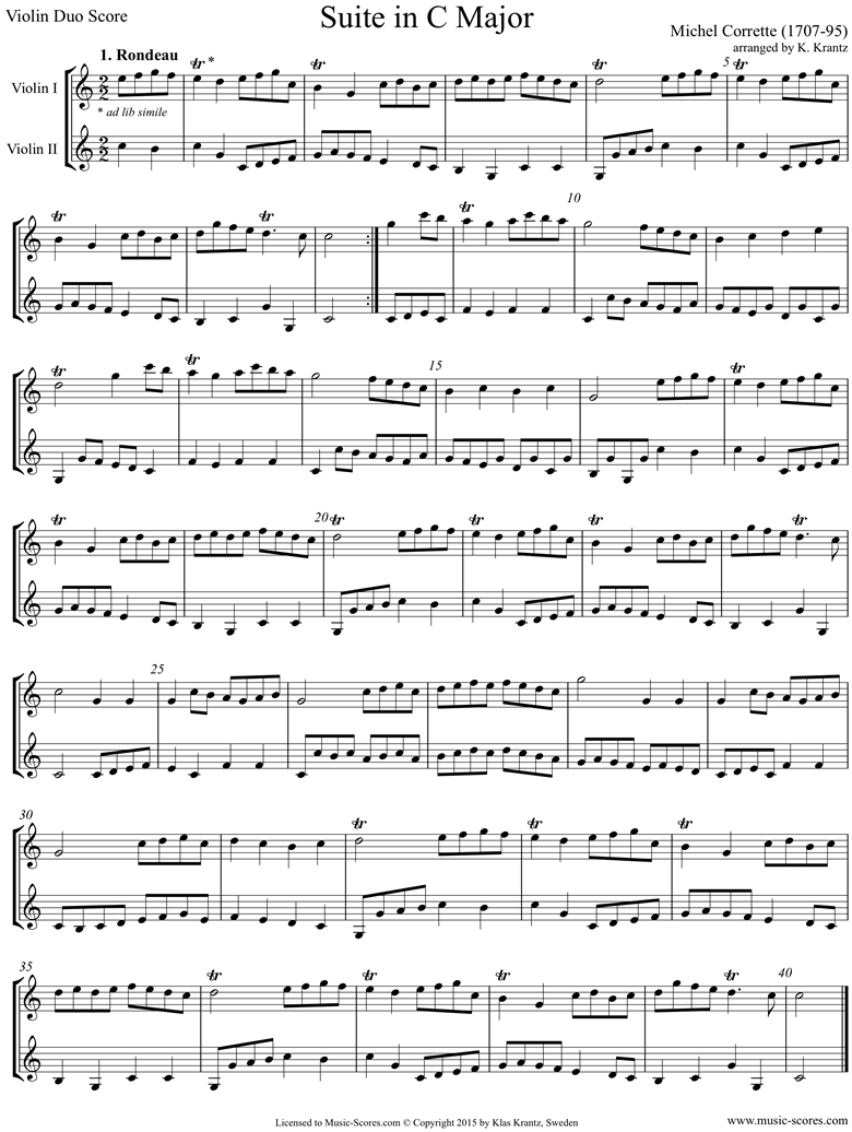 Front page of Suite in C major: Violin duo sheet music