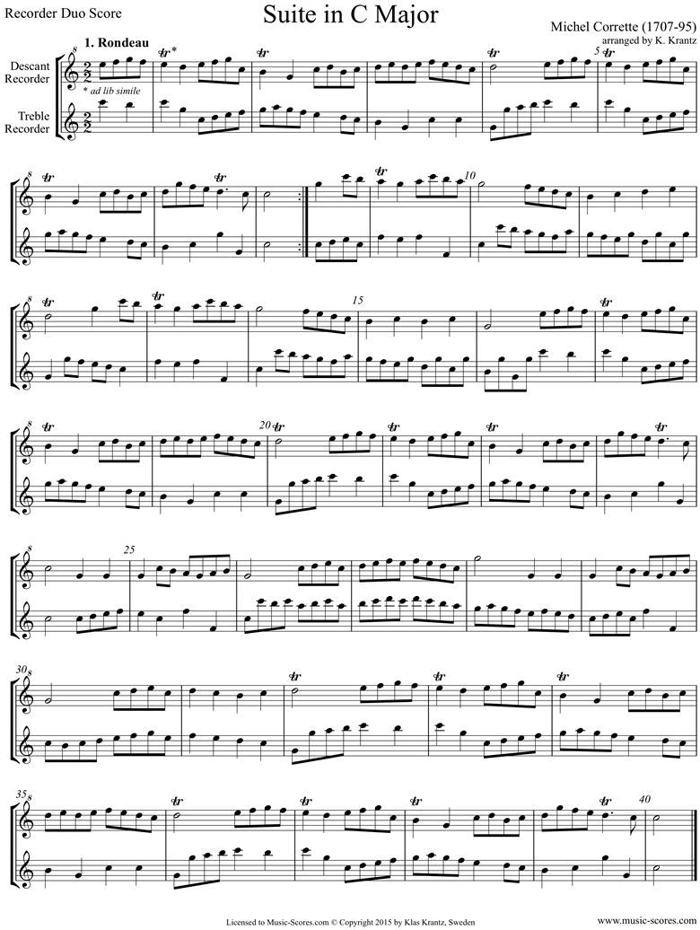 Front page of Suite in C major: Recorder duo sheet music