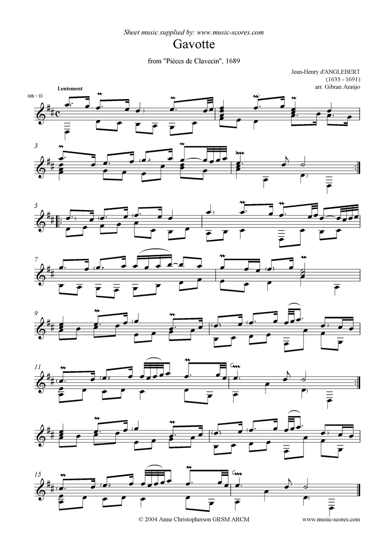 Front page of Gavotte, from Pièces de Clavecin: for guitar sheet music