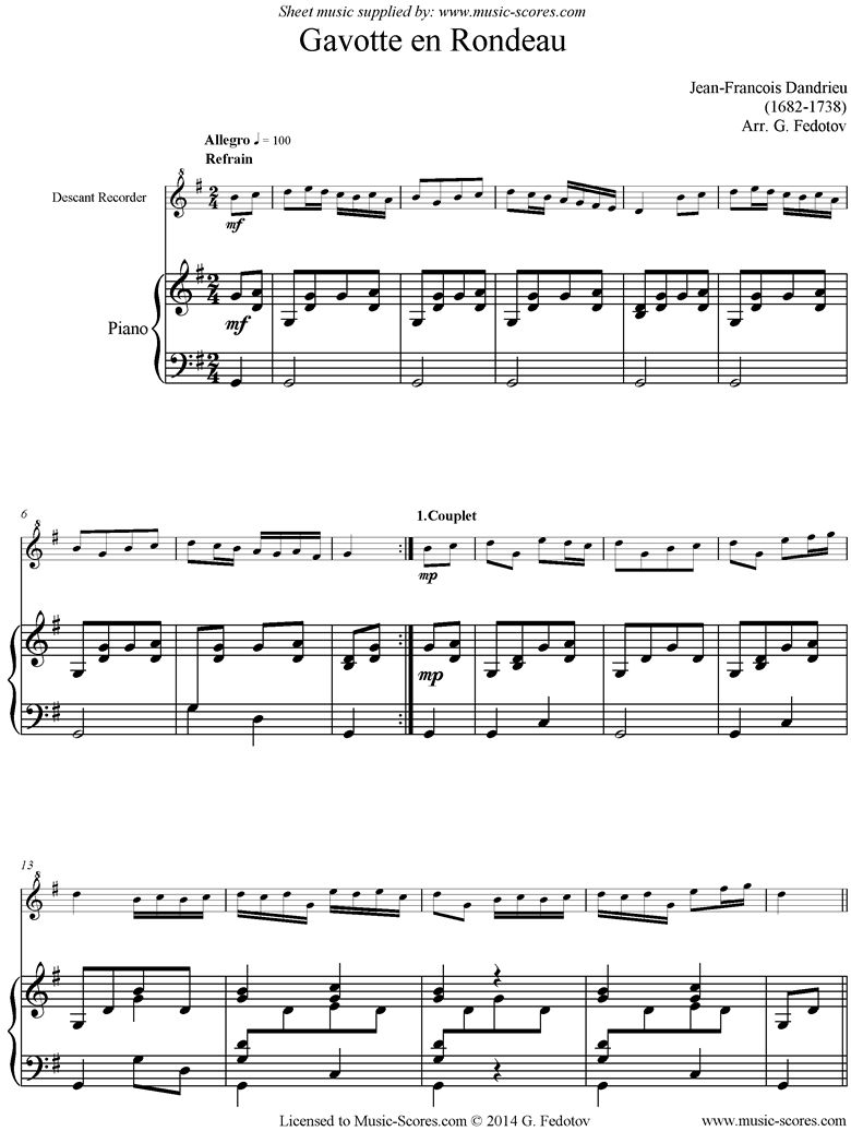Gavotte en Rondeau: Recorder and Piano by Dandrieu