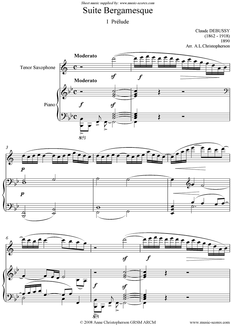 Front page of Suite Bergamasque: 01: Prelude: Tenor Sax sheet music