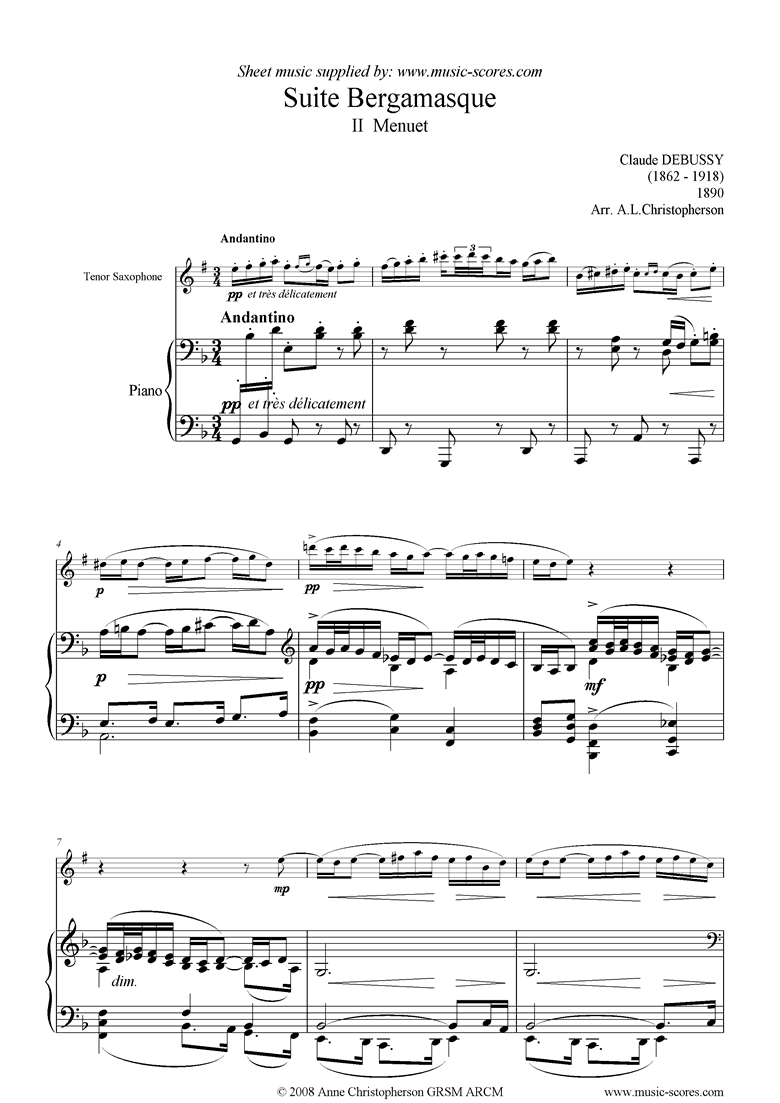 Front page of Suite Bergamasque: 02: Menuet: Tenor Sax sheet music