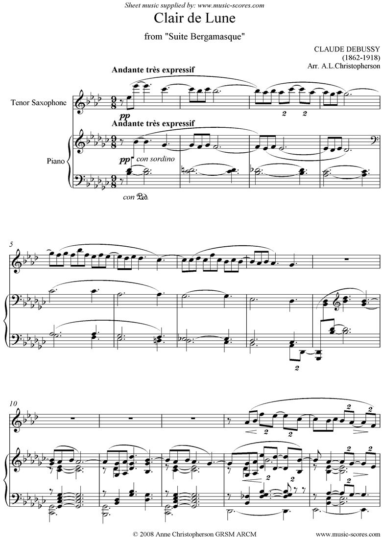 Front page of Suite Bergamasque: 03: Clair de Lune: Tenor Sax sheet music