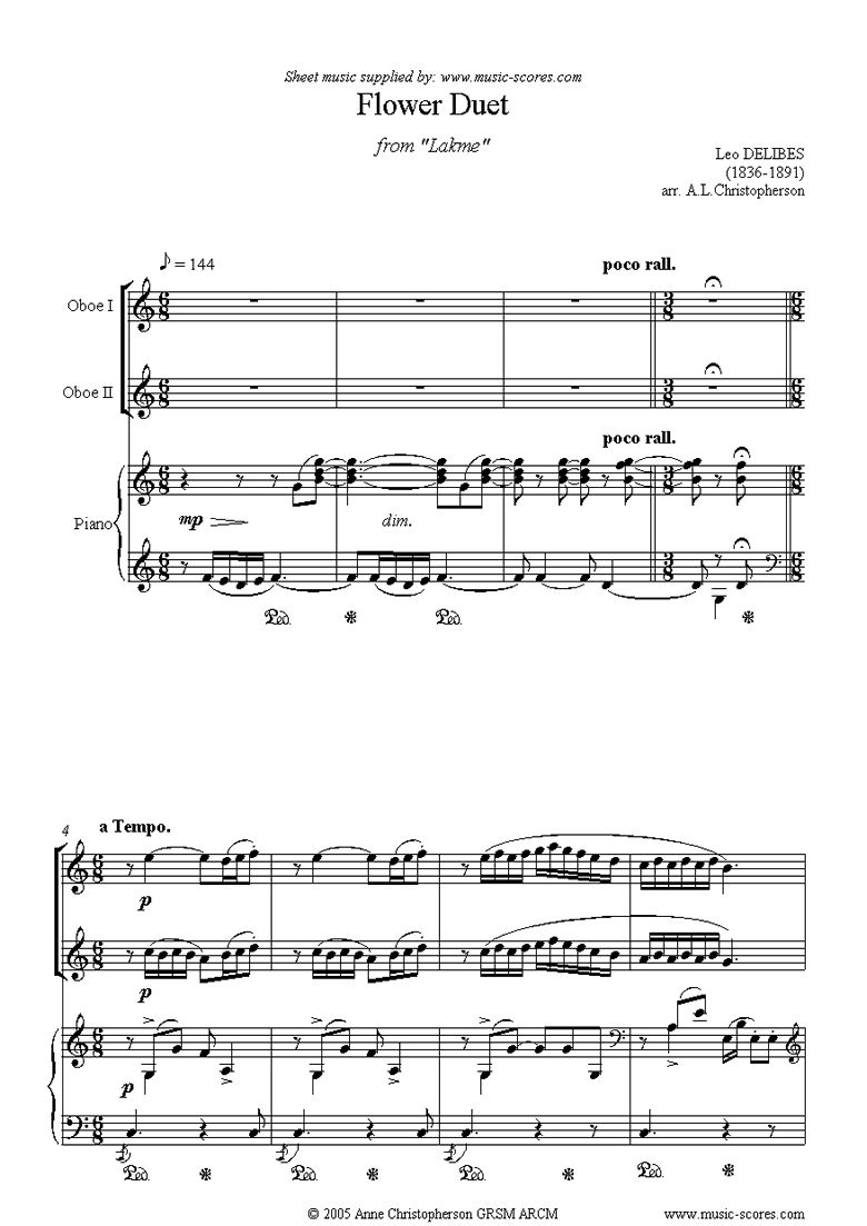 Front page of The Flower Duet: Lakme: 2 oboes and piano sheet music