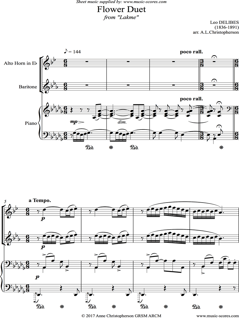 Front page of The Flower Duet: Lakme: Alto Horn, Baritone Horn and piano. Db. sheet music