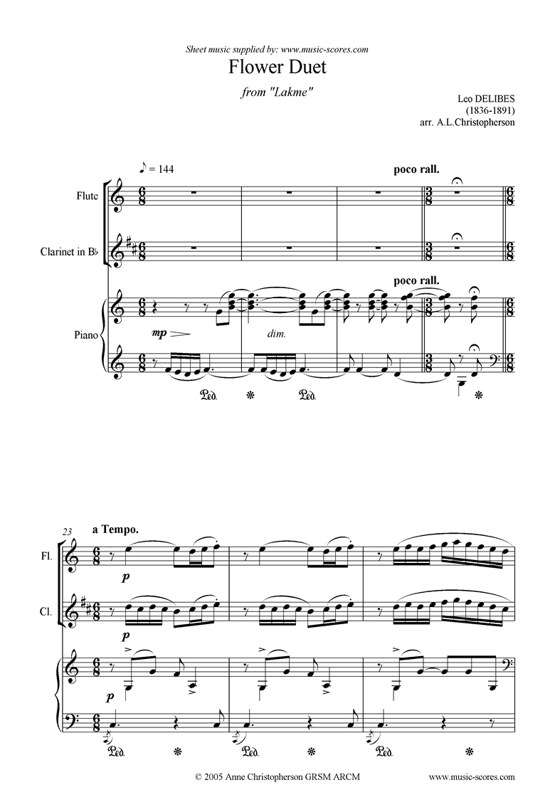 Front page of The Flower Duet: Lakme: flute, clarinet piano sheet music