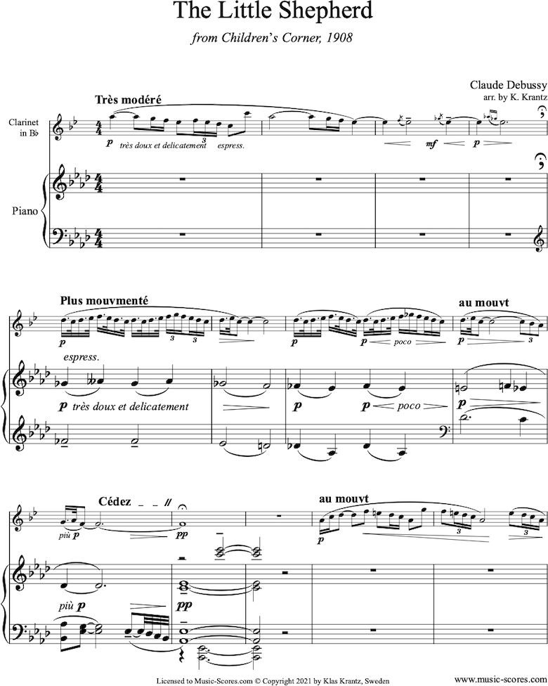 Front page of Childrens Corner: 5: The Little Shepherd: Clarinet sheet music