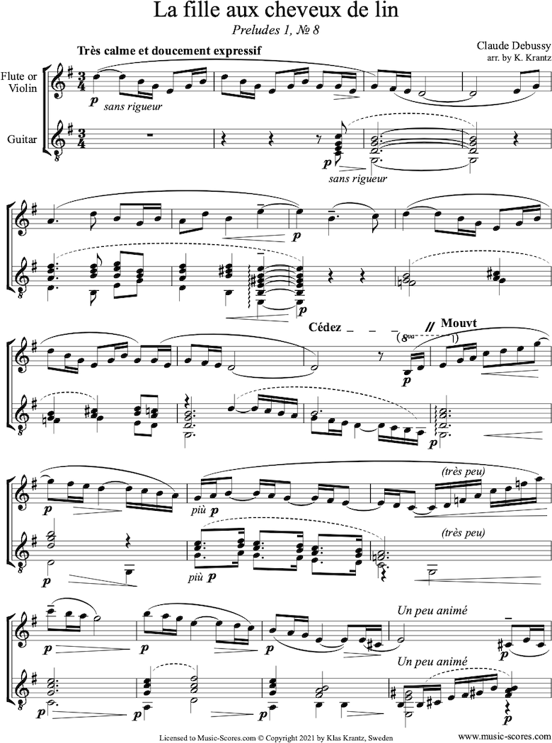 Preludes Bk1: La Fille aux Cheveux de Lin: Flute, Guitar by Debussy