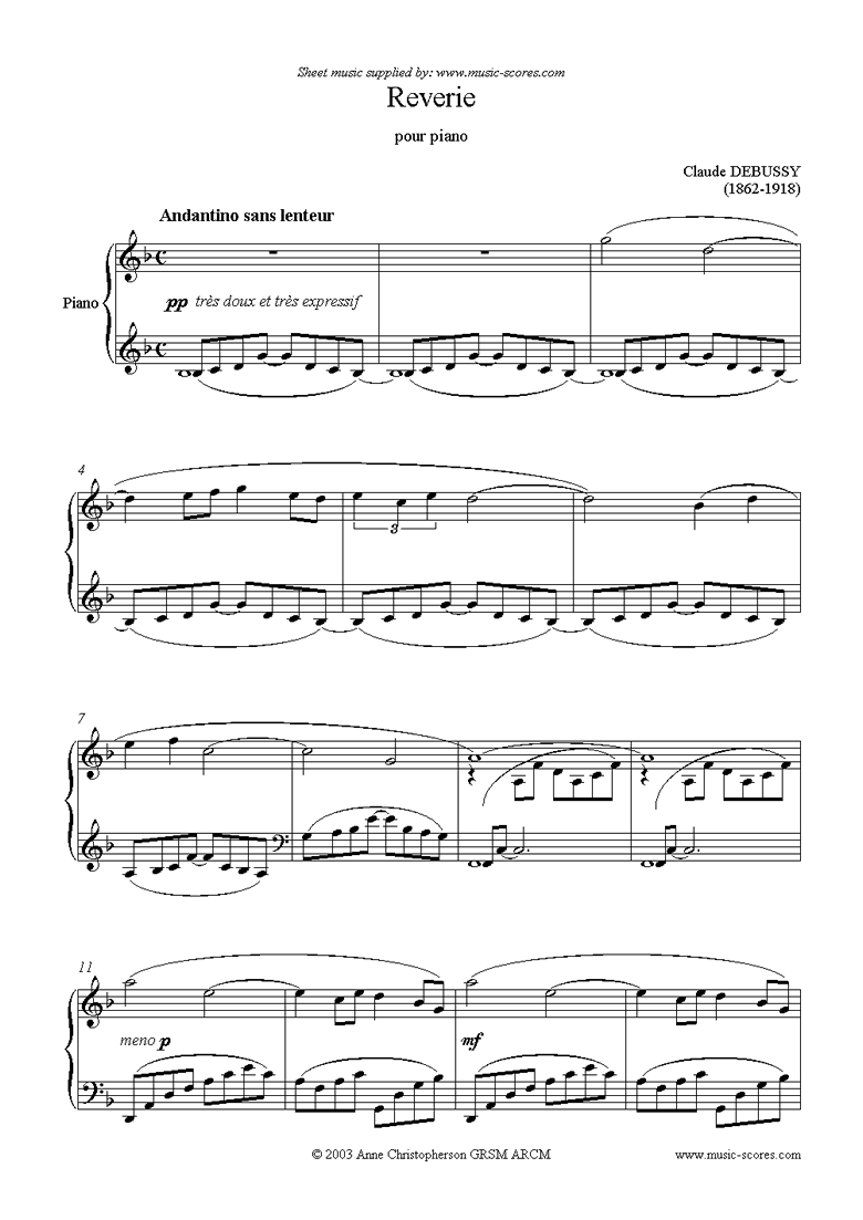 Front page of Reverie: Piano sheet music