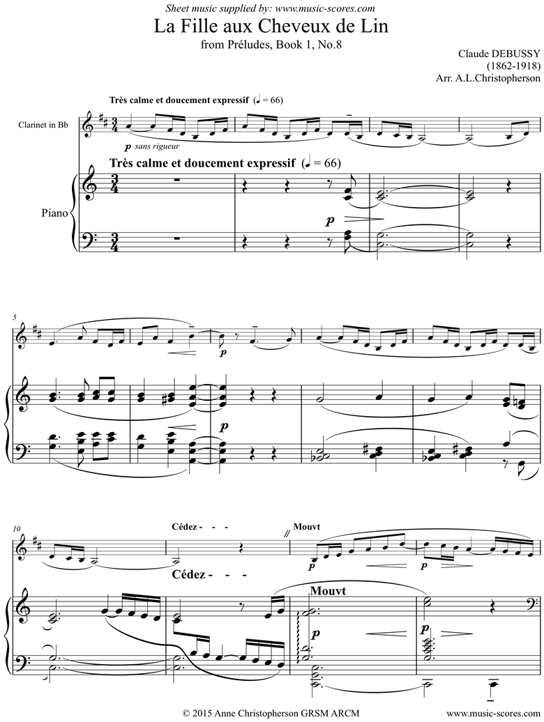 Preludes Bk1: La Fille aux Cheveux de Lin - Clarinet: C ma by Debussy