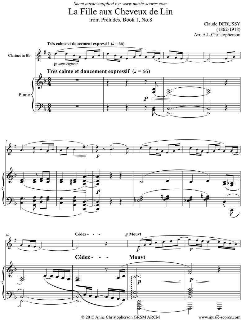 Front page of Preludes Bk1: La Fille aux Cheveux de Lin - Clarinet: F ma sheet music