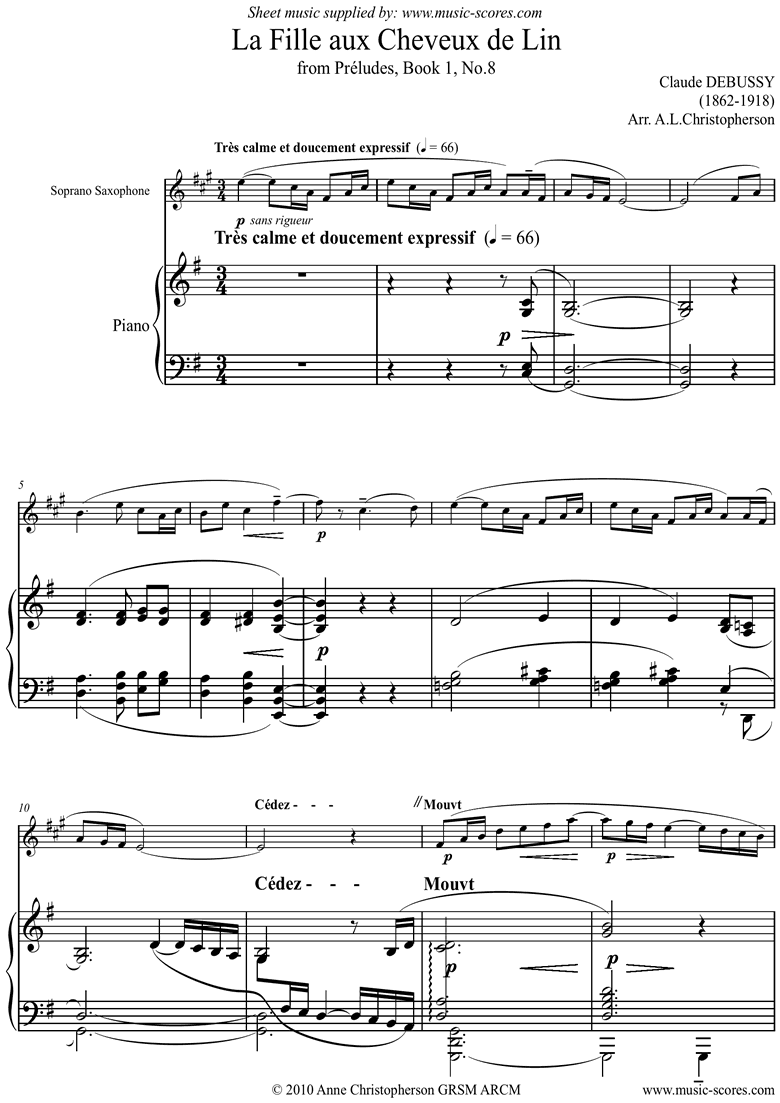 Preludes Bk1: Fille aux Cheveux de Lin Soprano Sax by Debussy