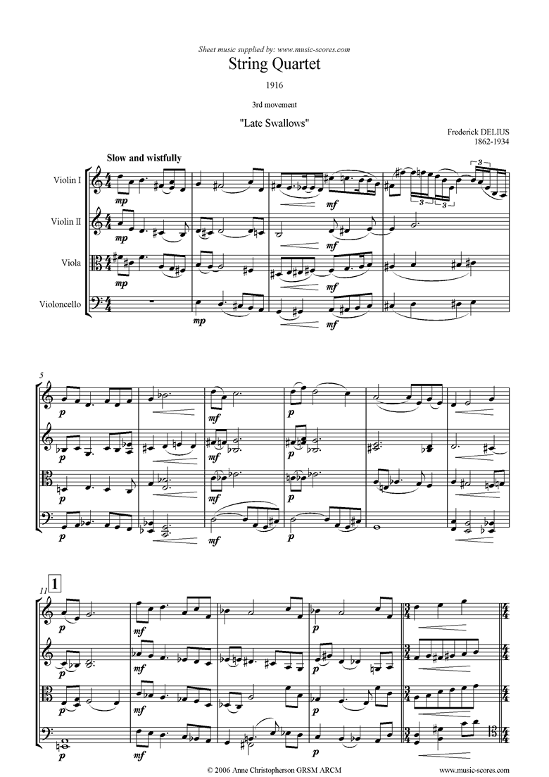 Front page of Quartet 1916: 3rd Movement: Late Swallows sheet music