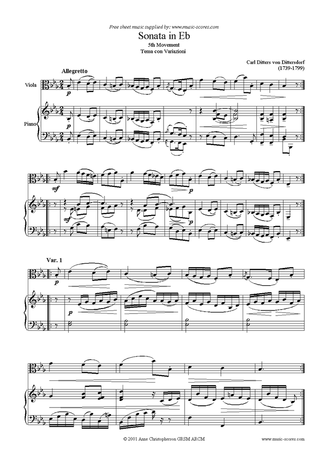 Front page of Viola Sonata in Eb, 5th Movement sheet music