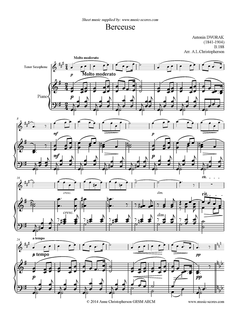 Front page of B.188 Berceuse: Tenor Saxophone sheet music