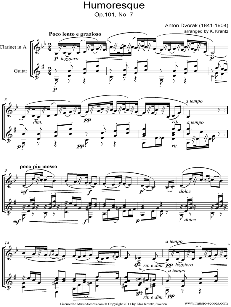 Op.101, No.7: Humoresque: Clarinet in A, Guitar by Dvorak