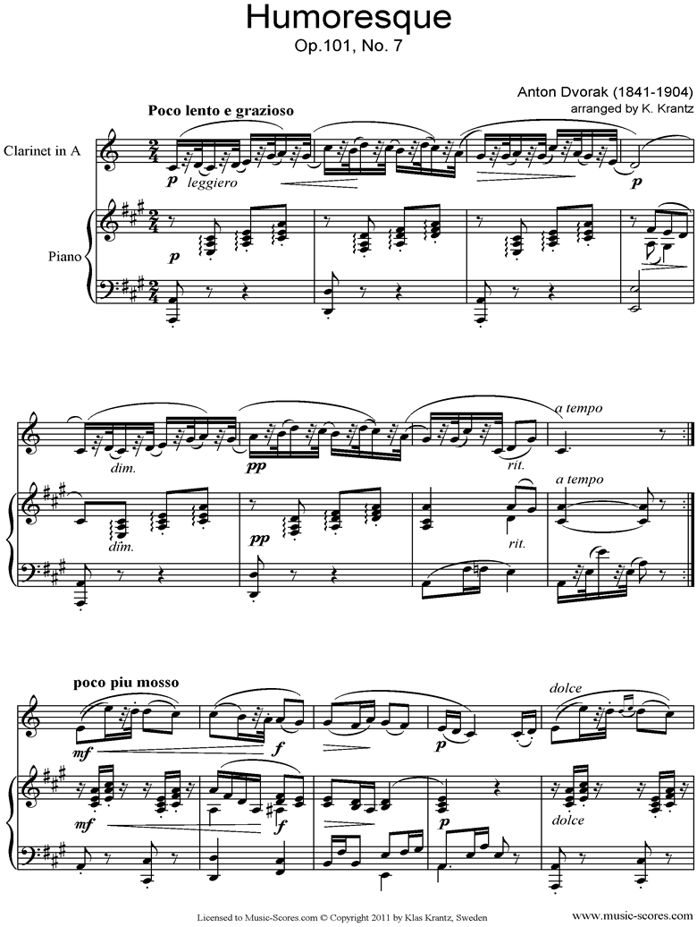 Op.101, No.7: Humoresque: Clarinet in A, Piano by Dvorak