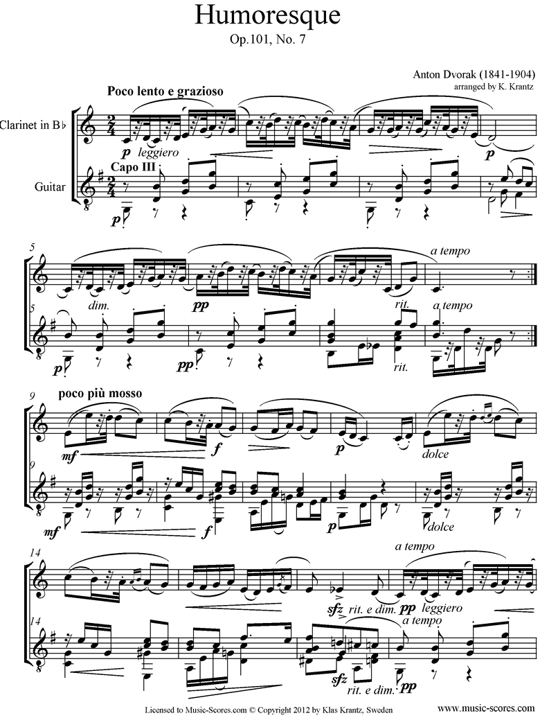Op.101, No.7: Humoresque: Clarinet, Guitar by Dvorak