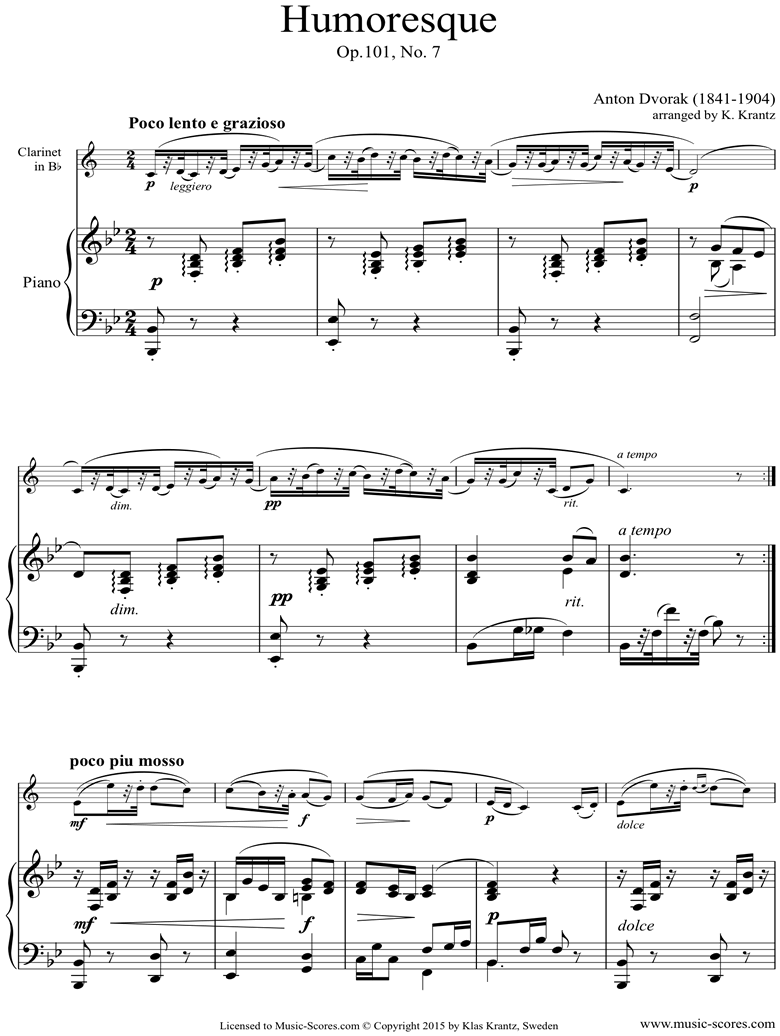 Front page of Op.101, No.7: Humoresque: Clarinet, Piano sheet music