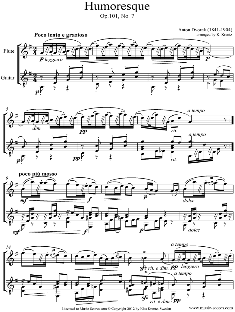 Op.101, No.7: Humoresque: Flute, Guitar by Dvorak