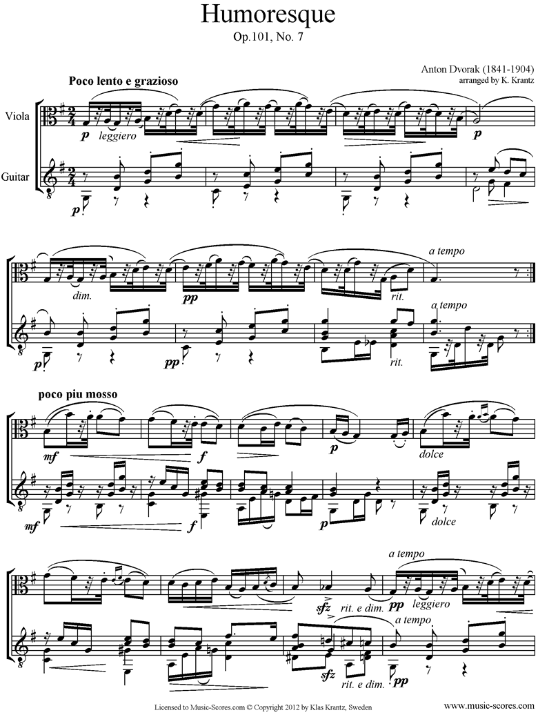 Front page of Op.101, No.7: Humoresque: Viola, Guitar sheet music