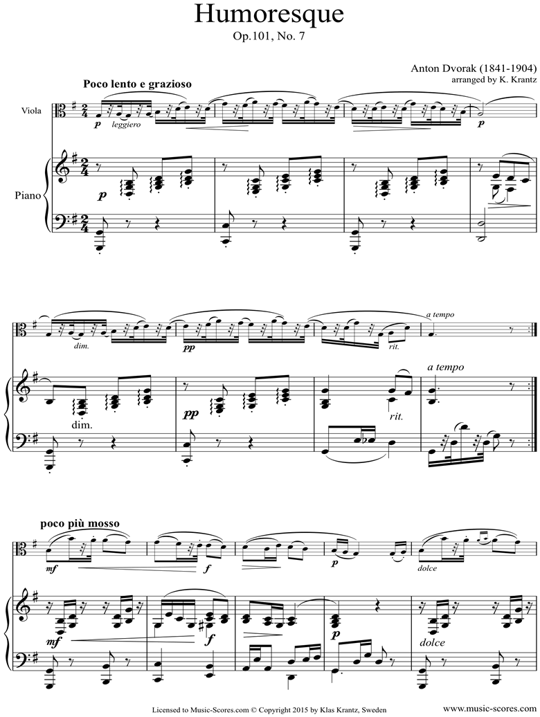 Op.101, No.7: Humoresque: Viola, Piano by Dvorak