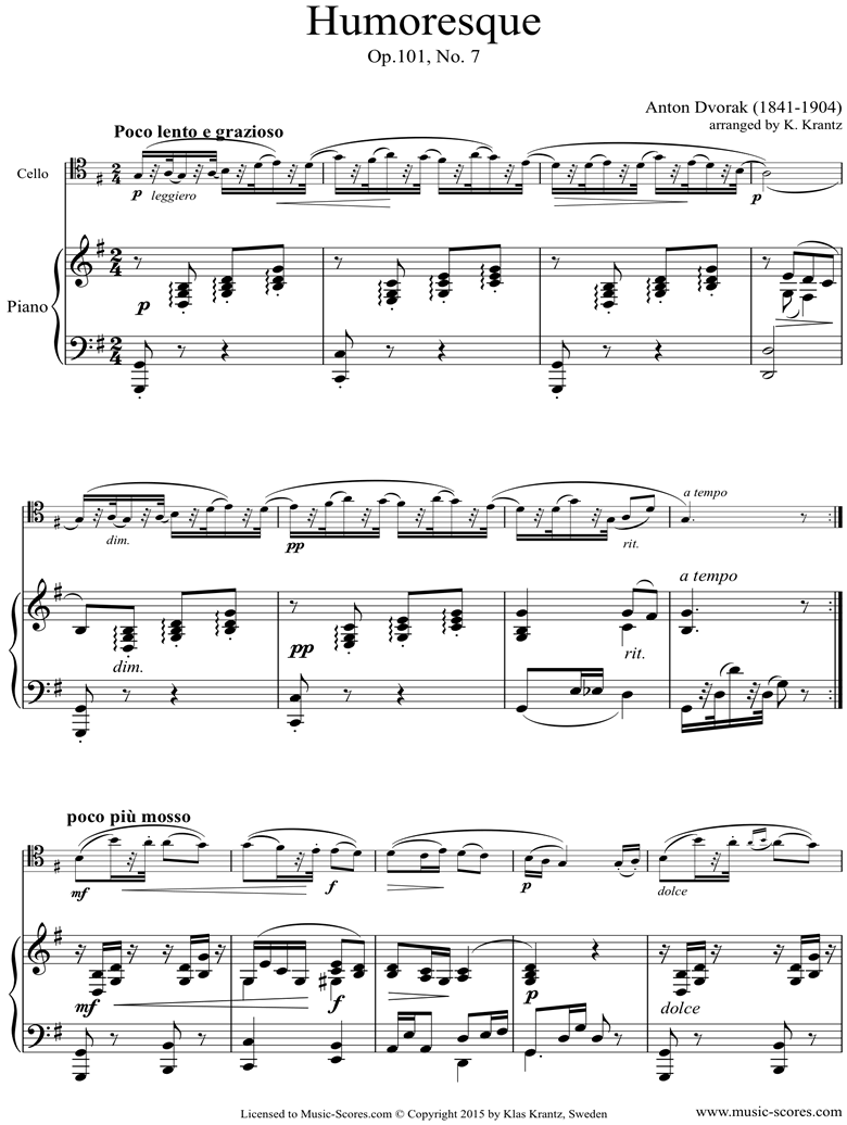Op.101, No.7: Humoresque: Cello, Piano by Dvorak